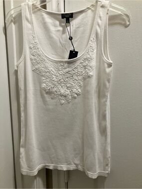 Talbots White Scoop Neck Tank with Embroidered Bib